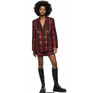 NWT Zara Plaid Double Breasted Gold Button Wool Blend Blazer Jacket Red Size S